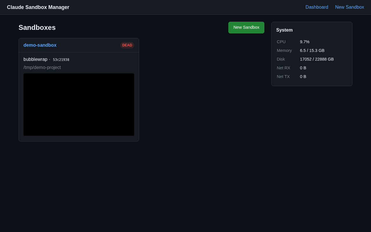 Dashboard — sandbox list with live screenshots and system metrics