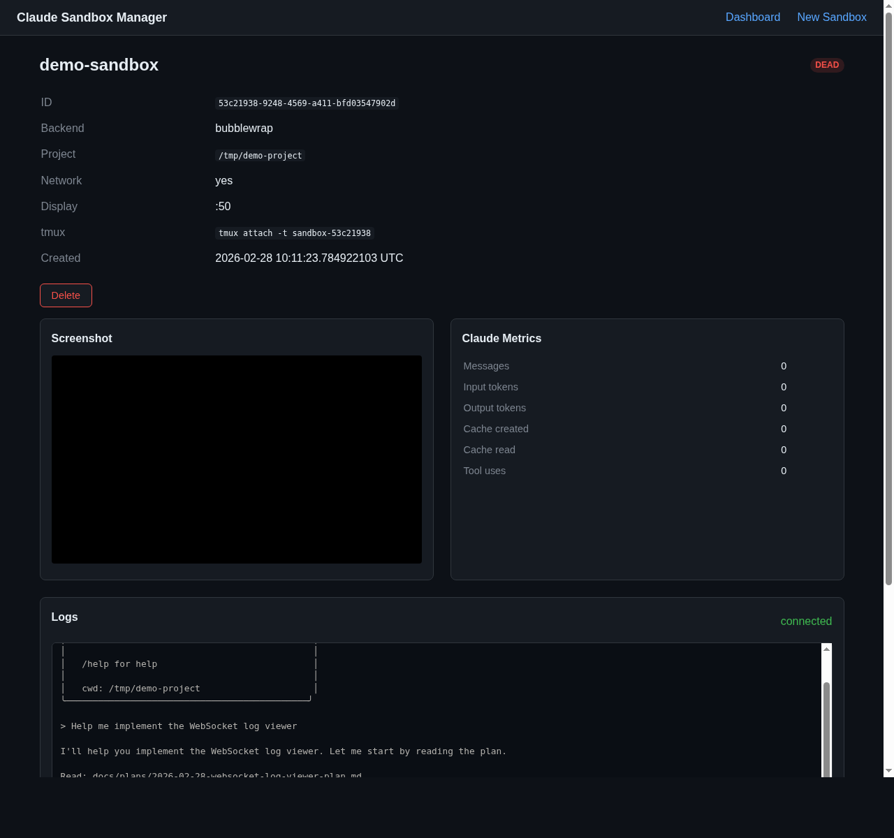 Sandbox detail — live screenshot, Claude metrics, and WebSocket log viewer